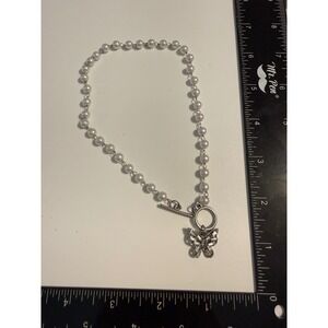 Silver Tone‎ Faux Pearl Anklet Large Bracelet Crystal Butterfly Charm Toggle 9"